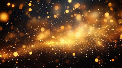 Fototapeta premium Abstract sparkling golden glitter particles spread over a dark background creating a magical and festive glowing effect