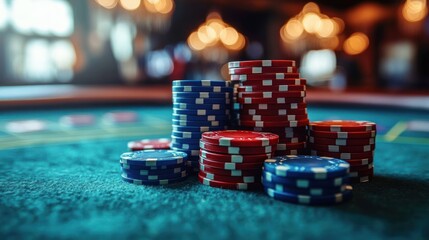 Stacks of red and blue poker chips arranged on a green felt casino table under warm, blurred lights evoking a tense and exciting gambling atmosphere