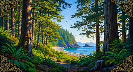 Serene forest path leading to a secluded rocky coastline with lush greenery and majestic trees