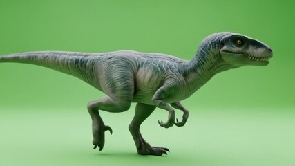 A realistic, detailed model of a greyish-blue velociraptor dinosaur standing in profile against a solid green screen background. - Powered by Adobe