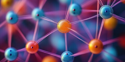 Colorful spherical nodes interconnected by thin lines forming a vibrant molecular or atomic network structure with a glowing, dynamic effect