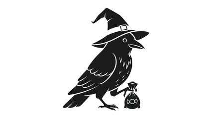 Magical Crow: An enchanting illustration captures a mystical crow adorned with a witch's hat, holding a bag of treats, perfect for Halloween.