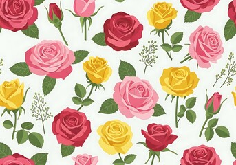 Floral arrangement with pink, red and yellow roses on a white background, creates a delicate, vintage-inspired