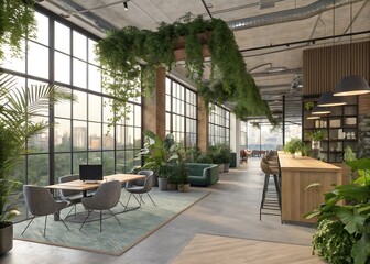 Modern industrial space with abundant natural light and lush greenery