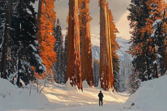 A person standing in a snowy forest with tall, brightly lit redwood trees illuminated by warm sunlight against a backdrop of snow-covered mountains under a cloudy sky