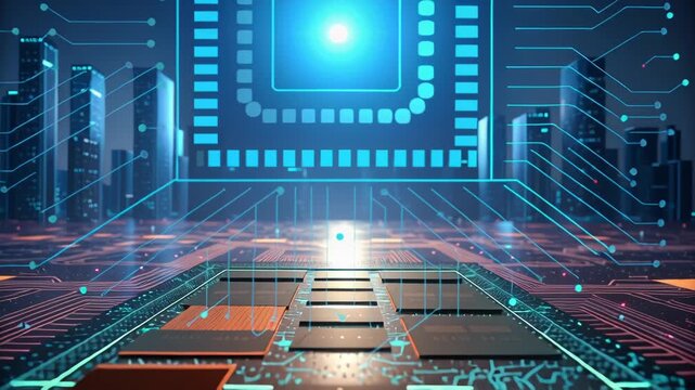 Quantum AI Integration Concept. Futuristic cityscape with a central computer chip and circuitry design.
