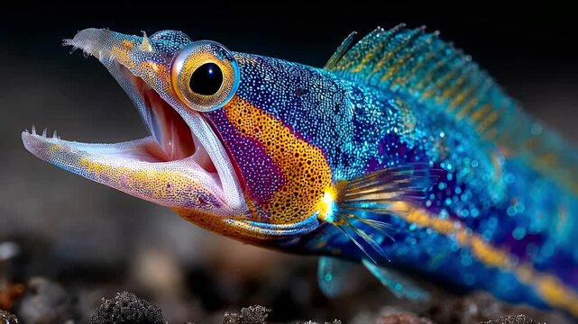 Macro of a vibrant, exotic fish with an open mouth and sharp teeth, detailed scales
