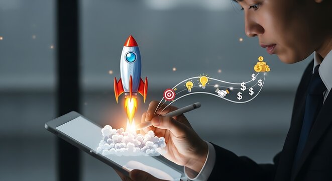 Young person launching a rocket from a tablet with digital icons and a path