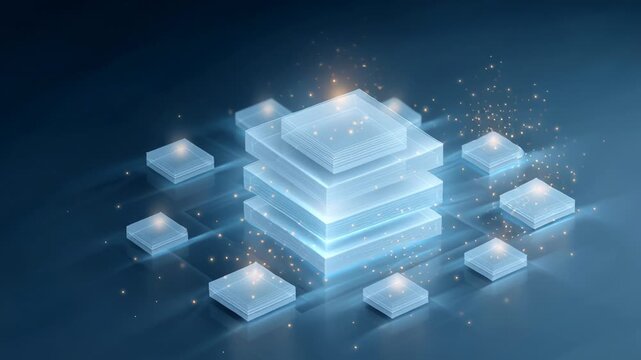 Quantum AI Integration Concept. Futuristic digital layers with glowing effects on a blue background.