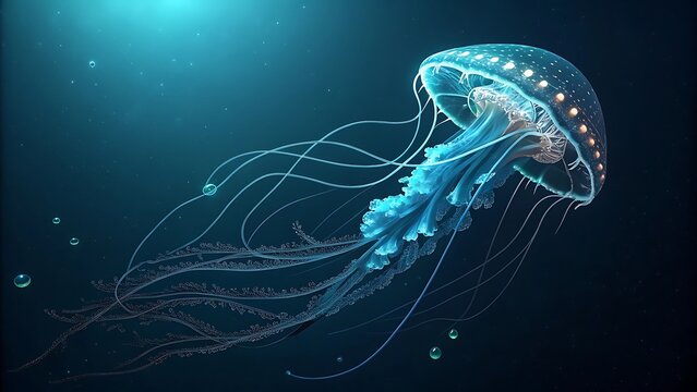 Bioluminescent jellyfish illuminates dark ocean depths with ethereal blue glow