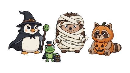 Halloween Critter Crew: A collection of adorable cartoon creatures dressed up in festive Halloween costumes, exuding cuteness.