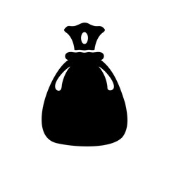 Black silhouette illustration of a money bag or sack on white backdrop