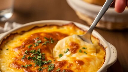 A piece of food covered in melted cheese is lifted from a casserole dish