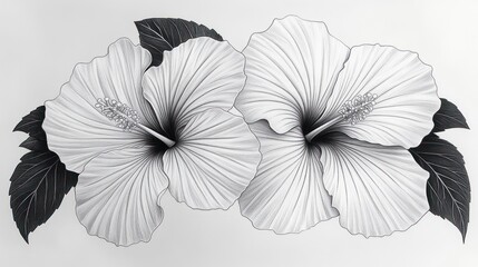 Detailed black and white drawing of two large hibiscus flowers with prominent stamen and textured petals, accompanied by dark shaded leaves, creating a calm and elegant visual