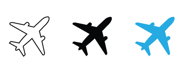 Fototapeta premium Airplane icon set vector on white background. travel, flight, transportation, aircraft, jet, sky, air, vehicle, wing, engine, tail, aviation, journey, tourism, symbol.