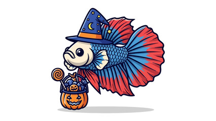 Spooky Betta Fish: An adorable Betta fish sporting a wizard's hat and holding a festive pumpkin basket, ready for Halloween. Embrace the playful spookiness.