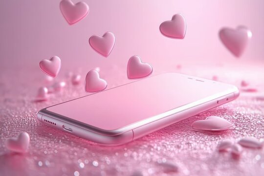 Modern smartphone lying on sparkly pink surface with floating pink heart shapes conveying affection and digital love