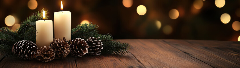 Cozy holiday setup with glowing candles, pine cones, and evergreen branches on wooden surface with warm bokeh lights in background