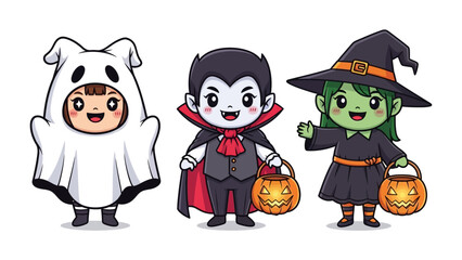 Enchanting Halloween Characters: Three adorable cartoon characters dressed in their Halloween costumes, ready for trick-or-treating with joyful expressions.
