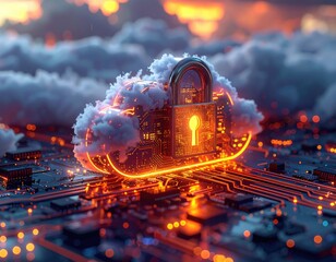 Cloud locked. Circuitry with glowing lines and soft clouds