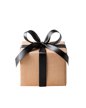 A brown gift box with a black ribbon isolated on transparent background