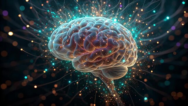 Quantum AI Integration Concept. Digital illustration of a brain with glowing connections and particles.