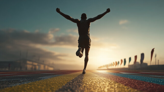 A man is running on a track with a banner behind him