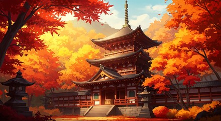 Fototapeta premium Traditional Japanese Pagoda Amidst Vibrant Autumn Foliage