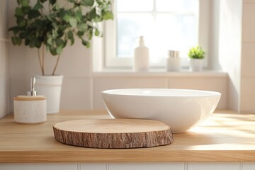 Minimalist wooden kitchen countertop with a round natural wood cutting board, white ceramic bowl, potted green plant, and bathroom accessories with soft natural light from window