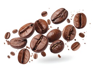 Coffee beans in motion against a white background.  A dynamic,  high-quality image