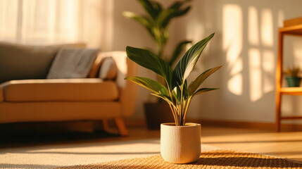 Fototapeta premium Cozy living room with minimalist furniture and green potted plant bathed in warm sunlight creating peaceful atmosphere
