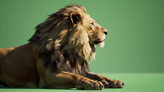 Majestic Male Lion Resting Peacefully on a Green Background.