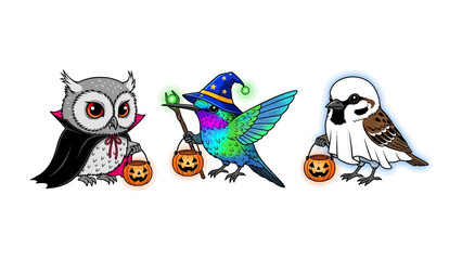 Halloween Trio: A captivating trio of uniquely designed birds, each embodying the spirit of Halloween with charming costumes and glowing lantern, all against a clean background.