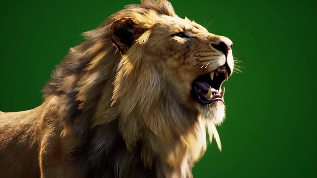 Majestic Male Lion Roaring Fiercely on Green Screen Background.