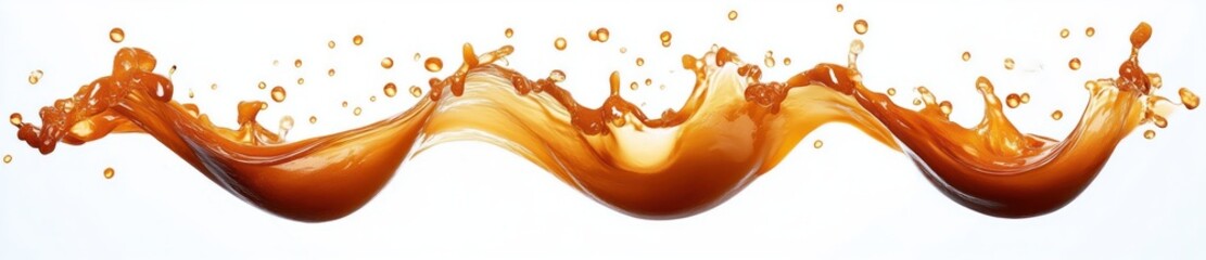 Liquid splash of rich caramel color creating dynamic smooth wave shapes with droplets suspended in midair on white background