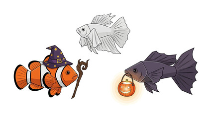 Whimsical Halloween Fish Trio: Three animated fish embodying spooky fun, including a clownfish wizard, a ghostly betta, and a fish with a candy bucket.