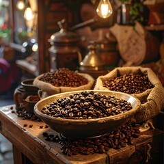Coffee beans displayed in rustic setting