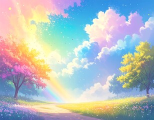 Fototapeta premium Pastel rainbow arching over a path in a vibrant field, flanked by blossoming trees under a dreamy sky