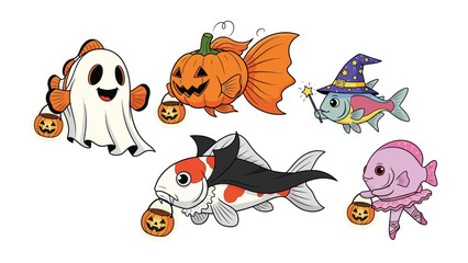 Halloween Fishy Fables: A vibrant illustration featuring charming fish adorned in creative Halloween costumes, creating a whimsical scene perfect for spooky celebrations. 
