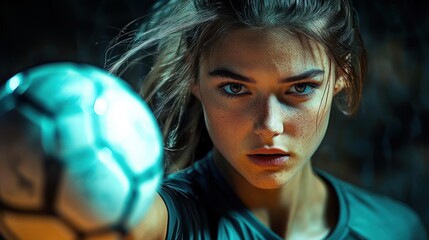 Focused young woman holding a soccer ball towards the camera with intense and determined facial expression