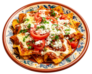 A plate of delicious chilaquiles, garnished with fresh tomatoes, melted cheese, and h 