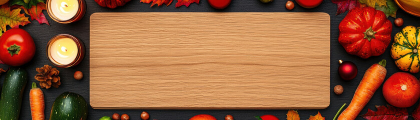 Thanksgiving wooden sign with autumn vegetables and candle on dark background creates festive and warm seasonal atmosphere