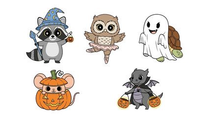 Whimsical Halloween Creatures Gathering: A delightful assembly of charming Halloween illustrations, featuring a raccoon wizard, ballerina owl, friendly ghost turtle, a mouse pumpkin.