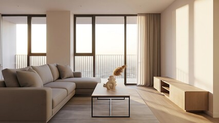 A clean, minimalist living room interior with a large sectional sofa, wood media console, and floor-to-ceiling windows, highlighting modern apartment design and natural light.