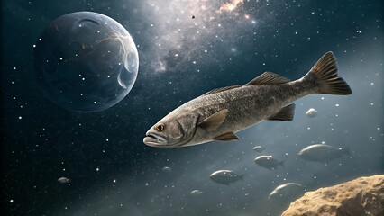 A majestic bass swims through cosmic waters near a distant planet and asteroids