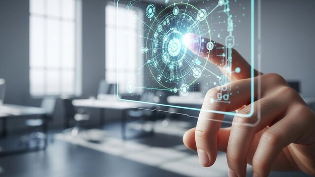 A hand touches a translucent, holographic screen displaying a circular data visualization and interconnected network, symbolizing advanced digital interface and future technology.
