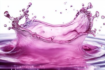 High-speed close-up of a vibrant purple liquid splash creating dynamic droplets against a white background