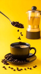 Coffee beans pouring into a black mug, against a bright yellow background