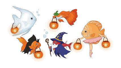 Whimsical underwater Halloween gathering: Adorable and enchanting digital art featuring colorful fish, each with a unique costume, illuminated by flickering lanterns.