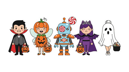 Spooky Squad: Captivating illustration of children in Halloween costumes. Featuring a little vampire, pumpkin fairy, robotic character, queen, and ghost.